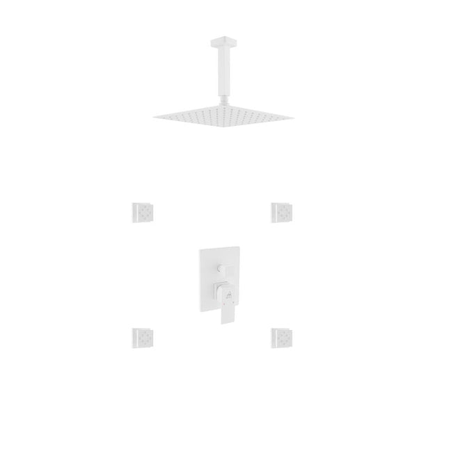 Kube Bath Aqua Piazza White Shower Set W/ 12" Ceiling Mount Square Rain Shower And 4 Body Jets Kube Bath