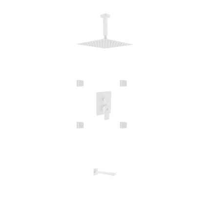 Kube Bath Aqua Piazza White Shower Set W/ 12" Ceiling Mount Square Rain Shower, Tub Filler And 4 Body Jets Kube Bath