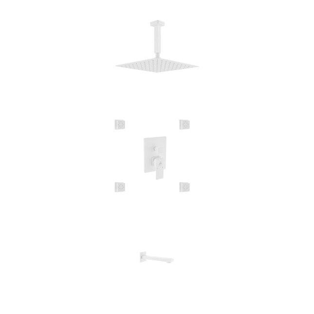 Kube Bath Aqua Piazza White Shower Set W/ 12" Ceiling Mount Square Rain Shower, Tub Filler And 4 Body Jets Kube Bath