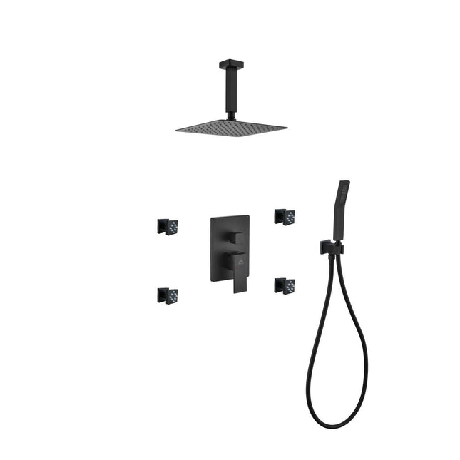Kube Bath Aqua Piazza Black Shower Set With 8" Ceiling Mount Square Rain Shower, Handheld and 4 Body Jets Kube Bath