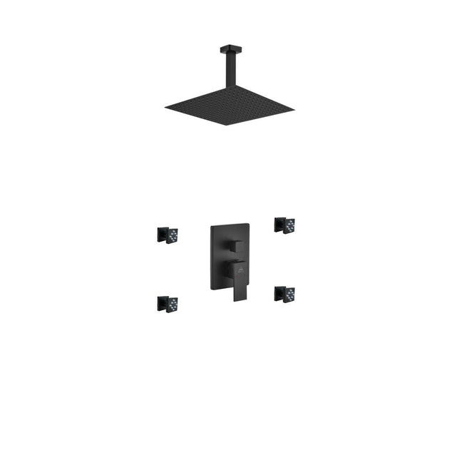 Kube Bath Aqua Piazza Black Shower Set With 12" Ceiling Mount Square Rain Shower and 4 Body Jets Kube Bath