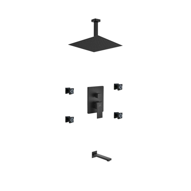 Kube Bath Aqua Piazza Black Shower Set With 12" Ceiling Mount Square Rain Shower, Tub Filler and 4 Body Jets Kube Bath