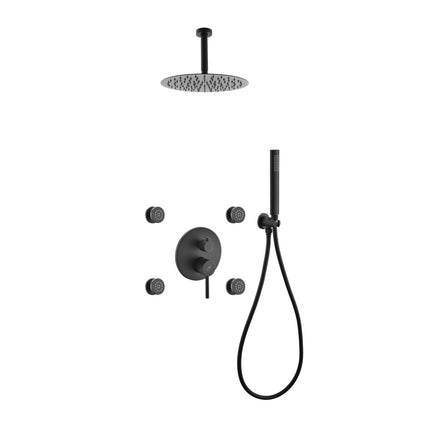 Kube Bath Aqua Rondo Black Brass Shower Set With 8" Round Rain Shower, 4 Body Jets and Handheld Kube Bath