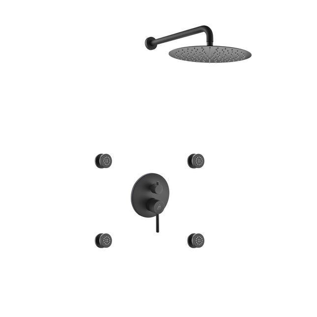 Kube Bath Aqua Rondo Black Brass Shower Set With 12" Round Rain Shower and 4 Body Jets Kube Bath