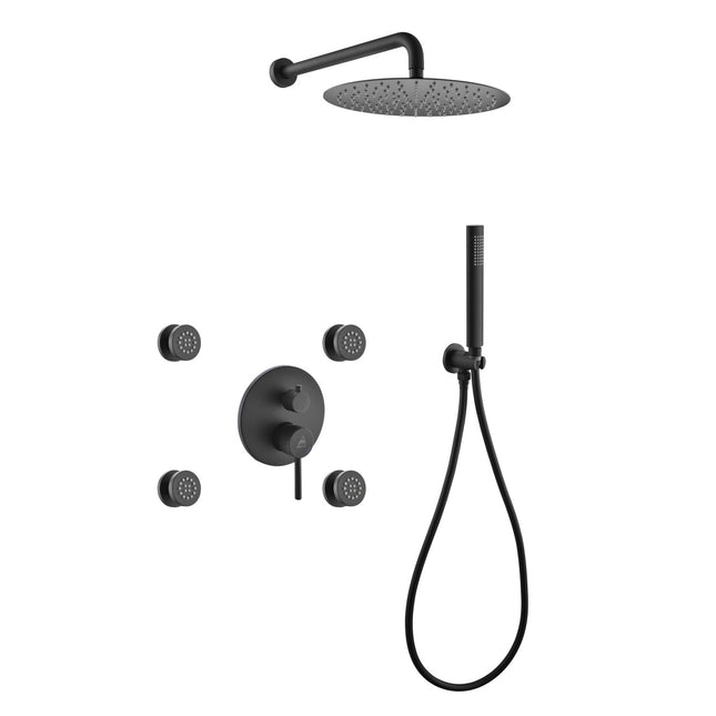 Kube Bath Aqua Rondo Black Brass Shower Set With 12" Round Rain Shower, 4 Body Jets and Handheld Kube Bath