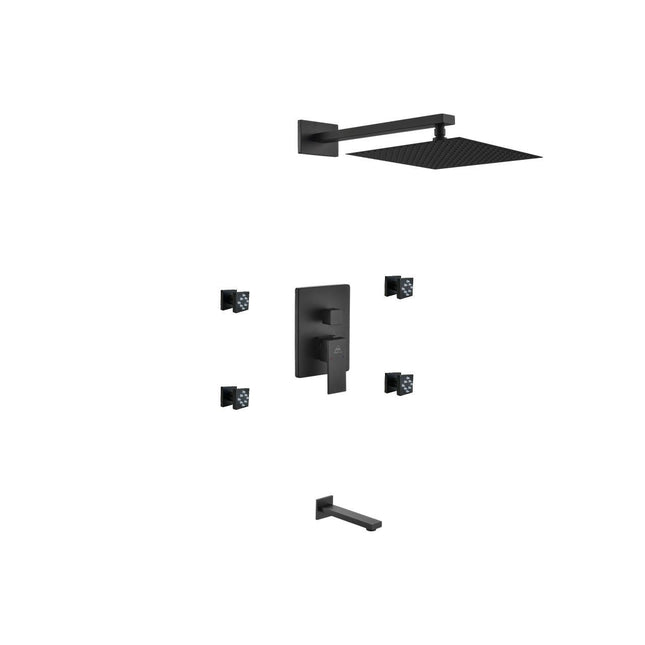 Kube Bath Aqua Piazza Black Shower Set With 12" Square Rain Shower, Tub Filler and 4 Body Jets Kube Bath