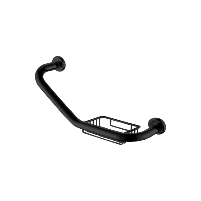 17" Grab Bar with Soap Basket Right Side in a Matte Black Finish Virta