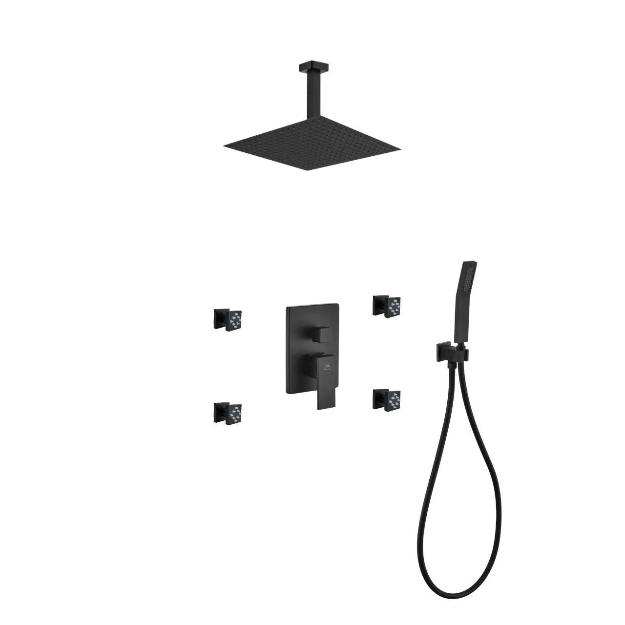 Kube Bath Aqua Piazza Black Shower Set With 12" Ceiling Mount Square Rain Shower, 4 Body Jets and Handheld - Plumbing Market