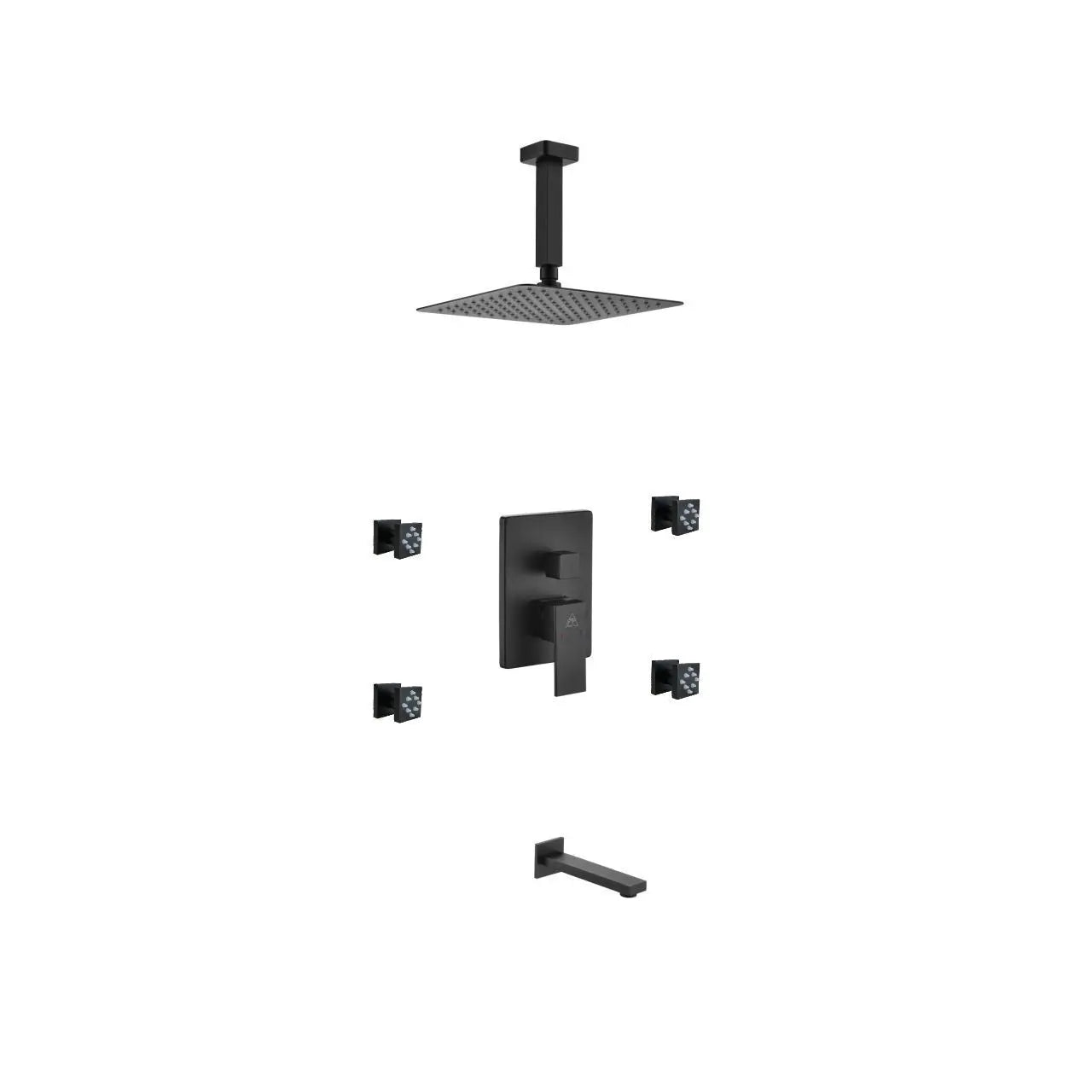 Kube Bath Aqua Piazza Black Shower Set With 8" Ceiling Mount Square Rain Shower, Tub Filler and 4 Body Jets - Plumbing Market