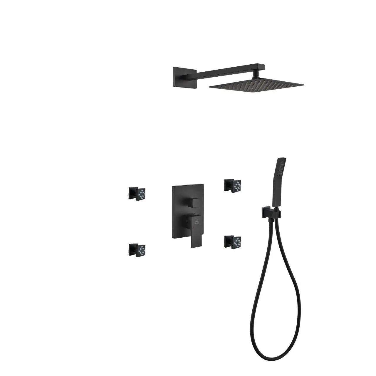 Kube Bath Aqua Piazza Black Shower Set With 8" Square Rain Shower, 4 Body Jets and Handheld - Plumbing Market