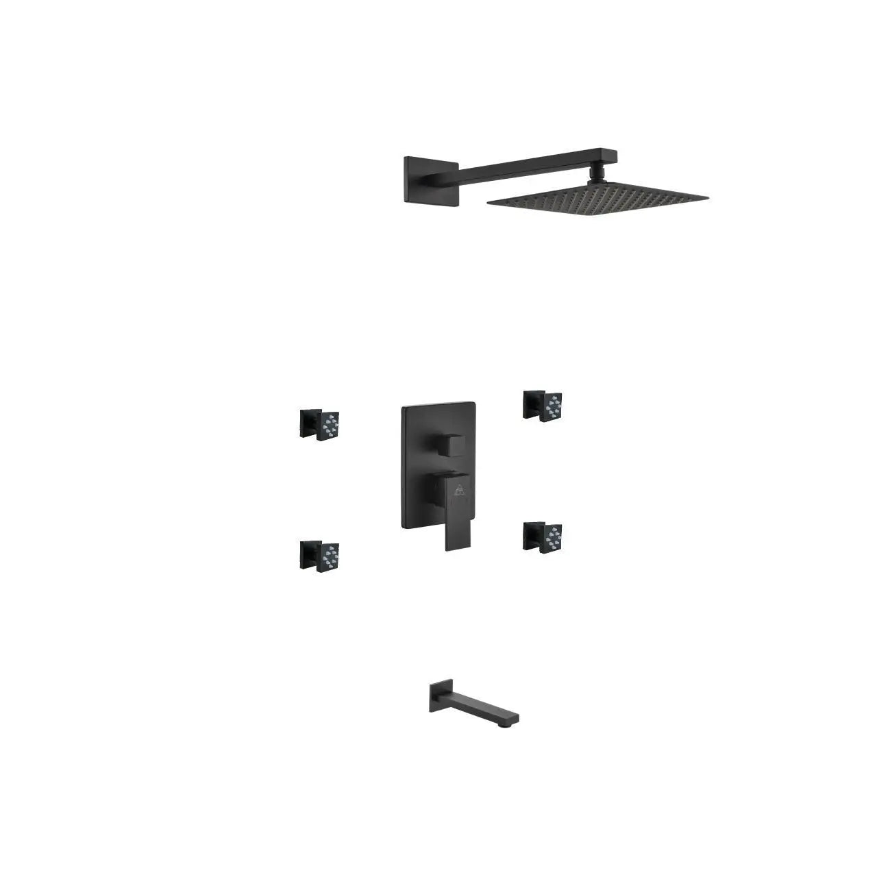 Kube Bath Aqua Piazza Black Shower Set With 8" Square Rain Shower, 4 Body Jets and Tub Filler - Plumbing Market
