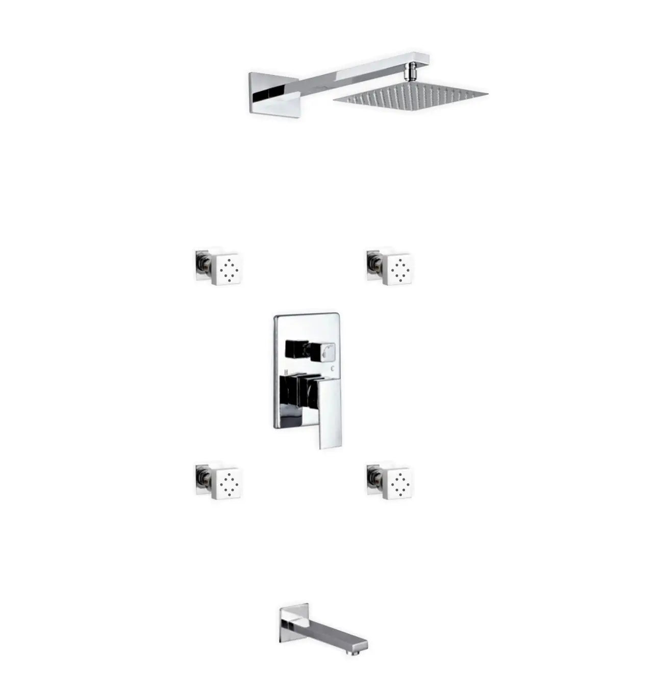 Kube Bath Aqua Piazza Brass Shower Set With 8" Square Rain Shower, 4 Body Jets and Tub Filler Chrome - Plumbing Market