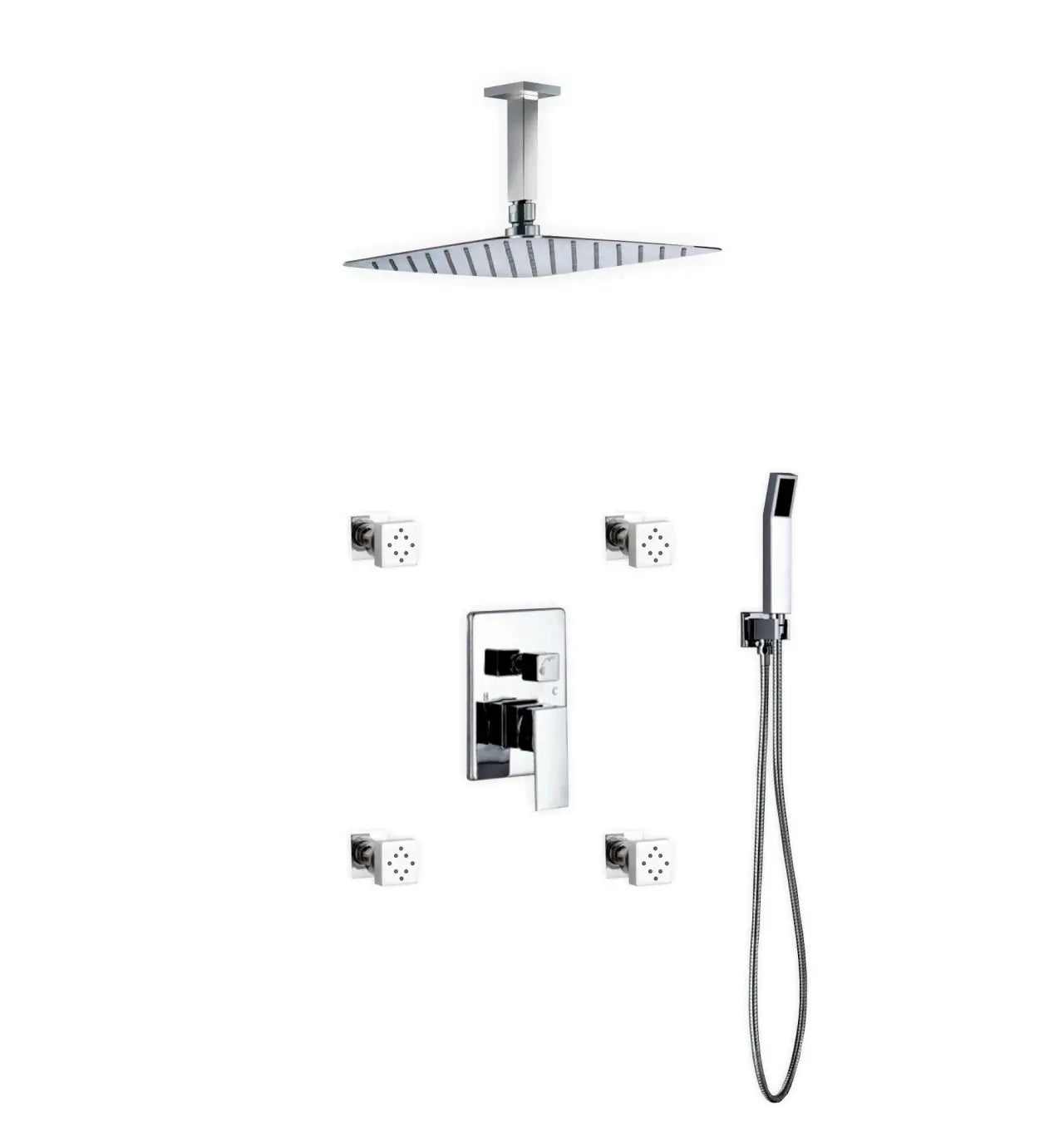 Kube Bath Aqua Piazza Shower Set With 12" Ceiling Mount Square Rain Shower, 4 Body Jets and Handheld Chrome - Plumbing Market