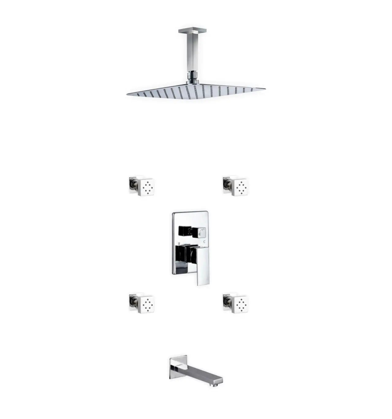 Kube Bath Aqua Piazza Shower Set With 12" Ceiling Mount Square Rain Shower, Tub Filler and 4 Body Jets Chrome - Plumbing Market