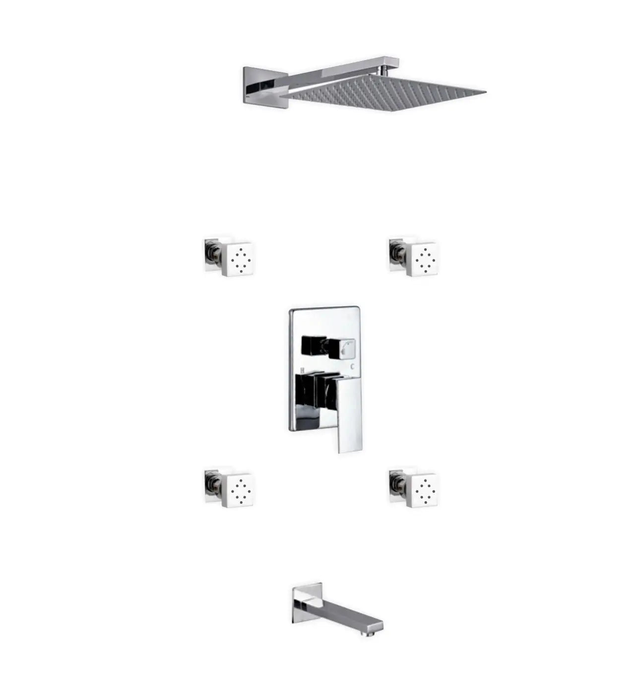 Kube Bath Aqua Piazza Shower Set With 12" Square Rain Shower, Tub Filler and 4 Body Jets Chrome - Plumbing Market