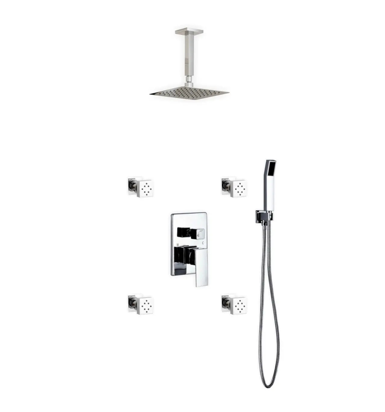 Kube Bath Aqua Piazza Shower Set With 8" Ceiling Mount Square Rain Shower, Handheld and 4 Body Jets Chrome - Plumbing Market