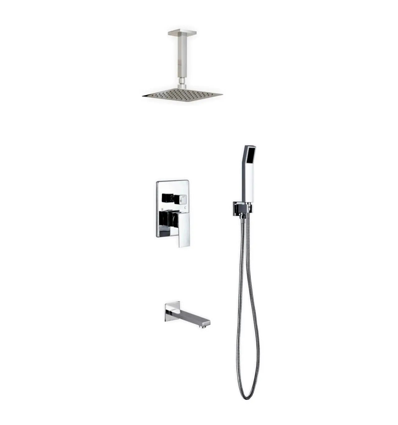 Kube Bath Aqua Piazza Shower Set With 8" Ceiling Mount Square Rain Shower, Handheld and Tub Filler Chrome - Plumbing Market
