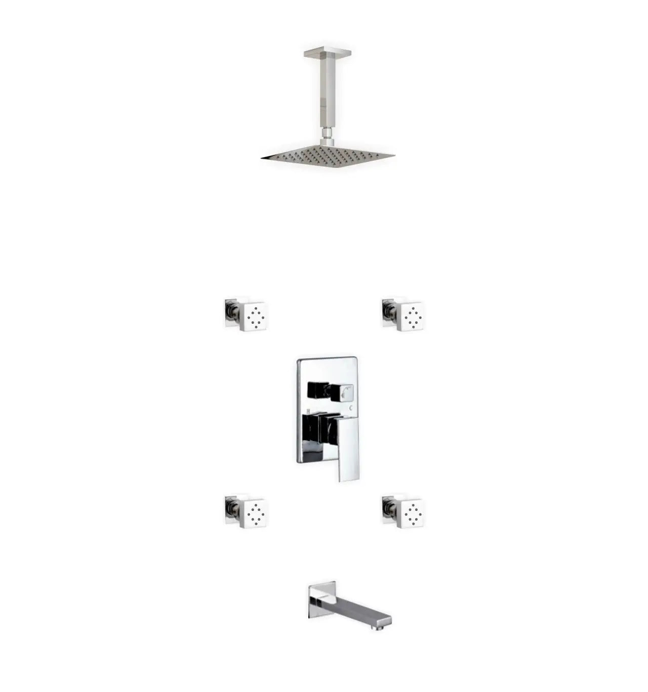 Kube Bath Aqua Piazza Shower Set With 8" Ceiling Mount Square Rain Shower, Tub Filler and 4 Body Jets Chrome - Plumbing Market
