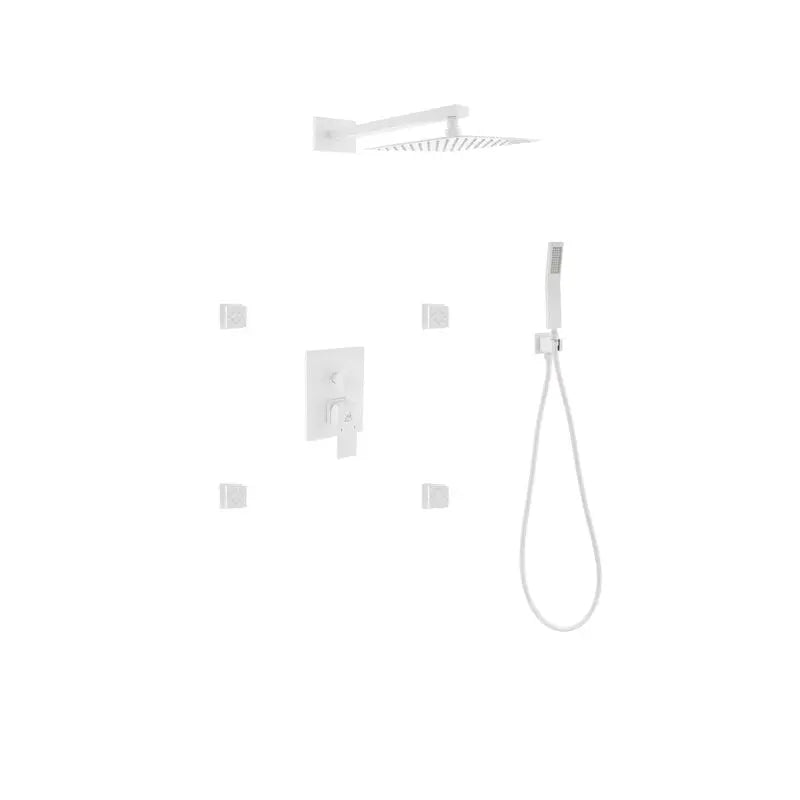 Kube Bath Aqua Piazza White Brass Shower Set W/ 8" Square Rain Shower, 4 Body Jets And Handheld - Plumbing Market