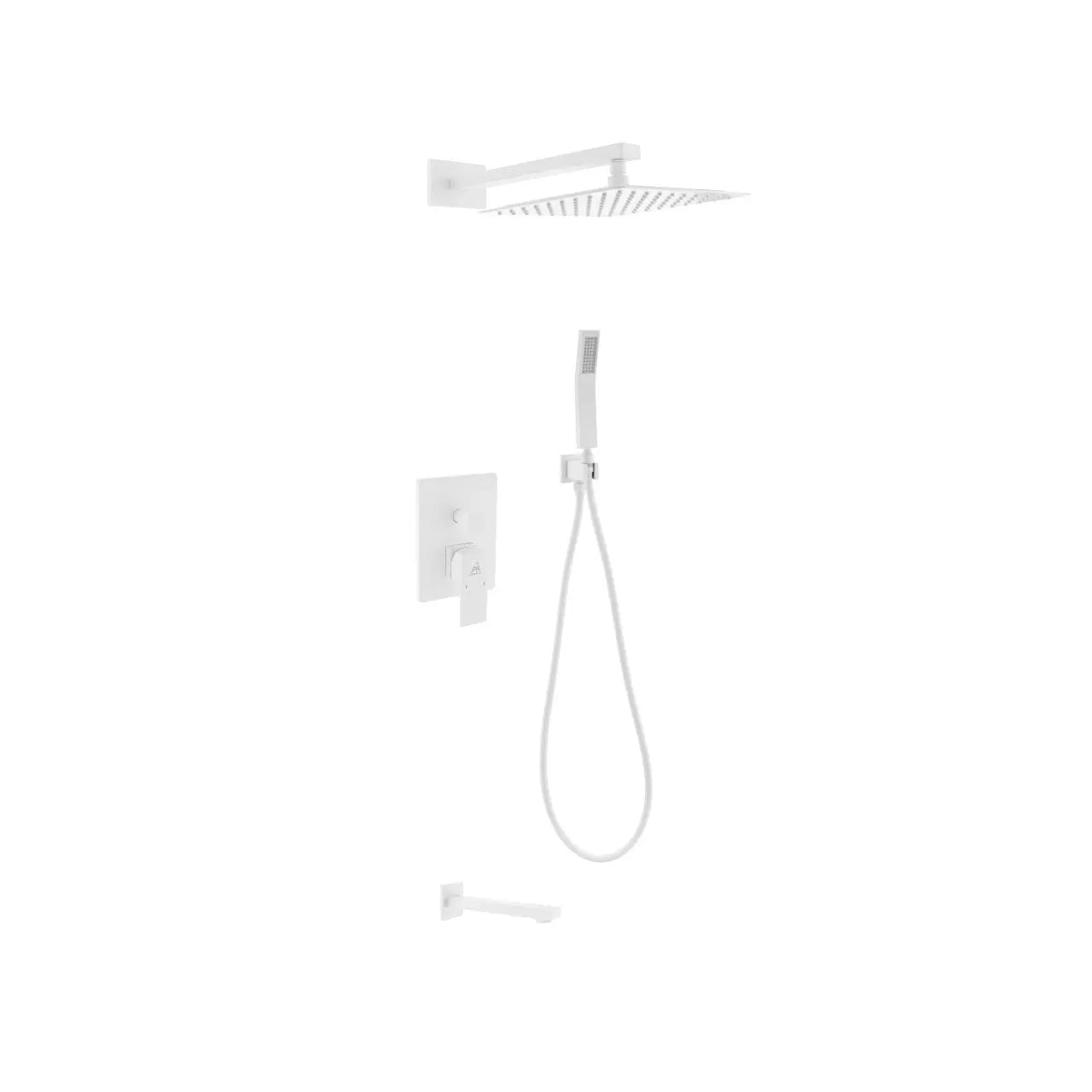 Kube Bath Aqua Piazza White Shower Set W/ 12″ Square Rain Shower, Tub Filler and Handheld - Plumbing Market
