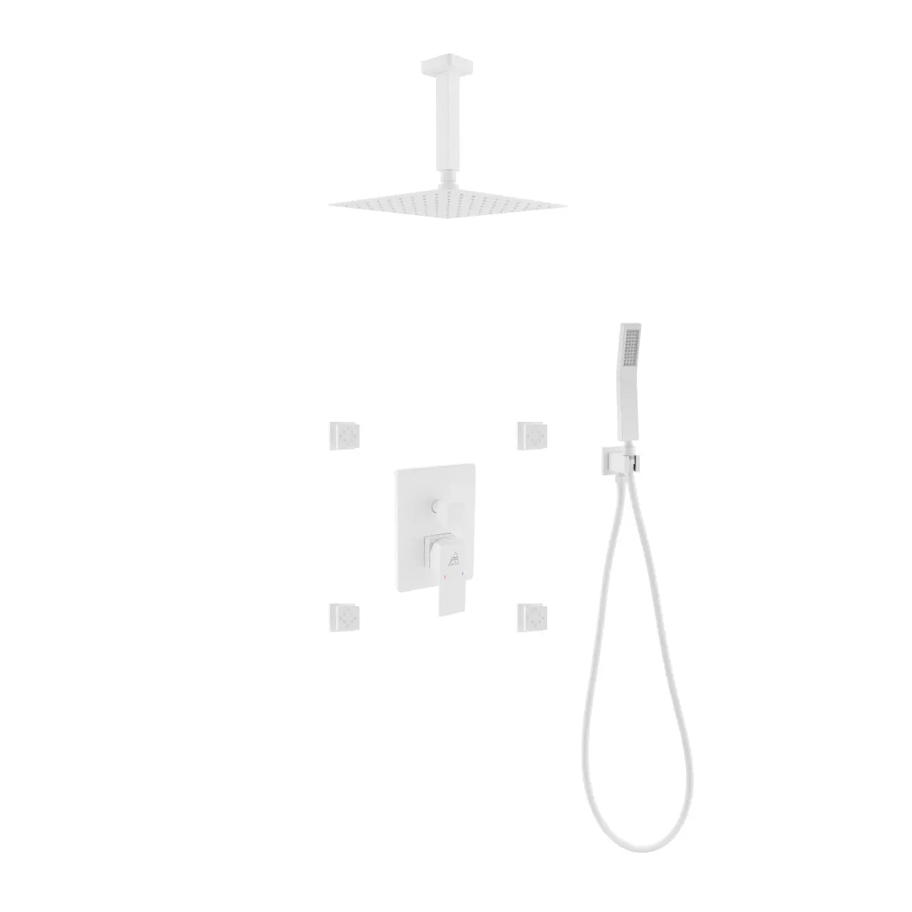 Kube Bath Aqua Piazza White Shower Set W/ 8" Ceiling Mount Square Rain Shower, Handheld And 4 Body Jets - Plumbing Market