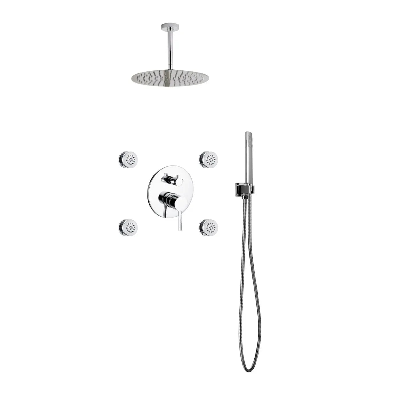 Kube Bath Aqua Rondo Chrome Brass Shower Set With 12" Round Rain Shower, 4 Body Jets and Handheld - Plumbing Market