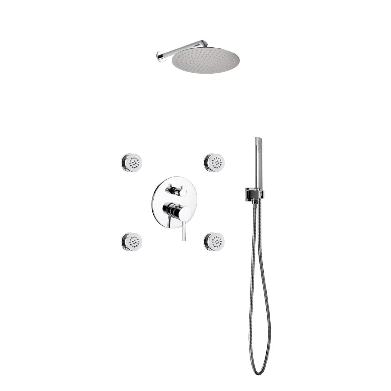 Kube Bath Aqua Rondo Chrome Brass Shower Set With 12" Round Rain Shower, 4 Body Jets and Handheld - Plumbing Market