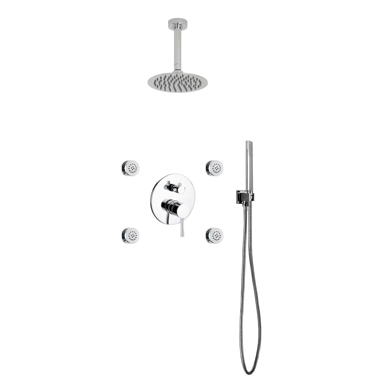 Kube Bath Aqua Rondo Chrome Brass Shower Set With 8" Round Rain Shower, 4 Body Jets and Handheld - Plumbing Market