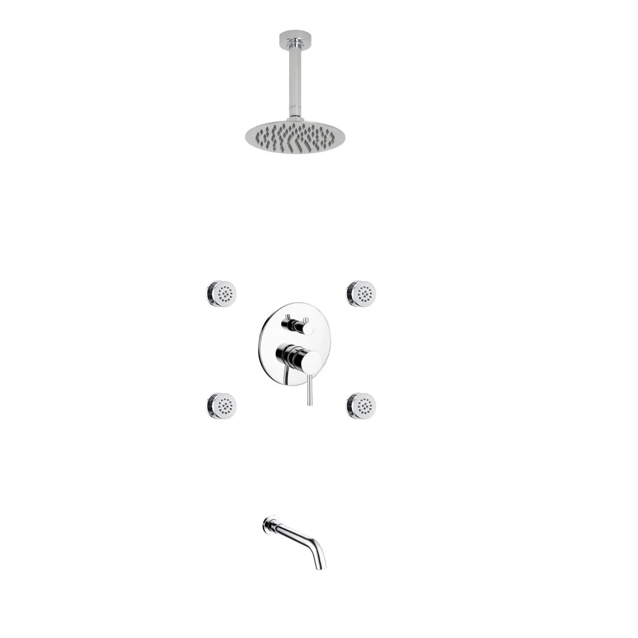 Kube Bath Aqua Rondo Chrome Brass Shower Set With 8" Round Rain Shower, 4 Body Jets and Tubfiller - Plumbing Market