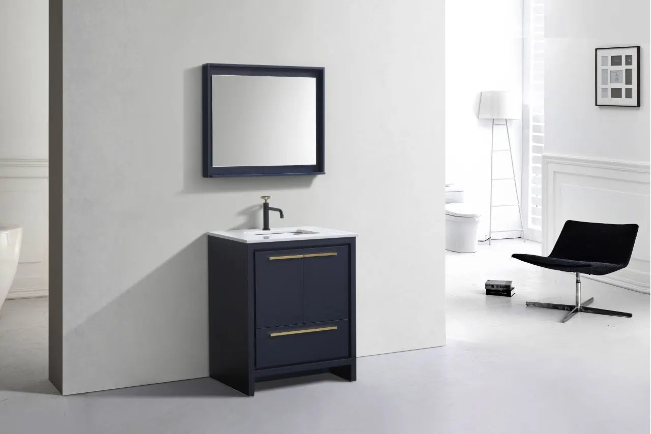Kube Bath Dolce 30″ Blue Modern Bathroom Vanity With 2 Doors and 1 Drawer and White Quartz Countertop - Plumbing Market