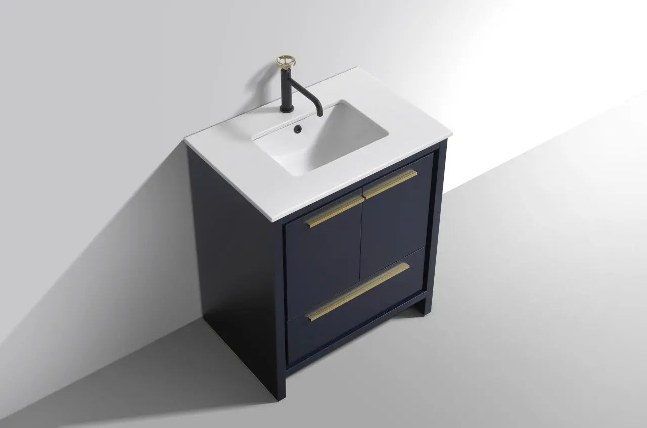 Kube Bath Dolce 30″ Blue Modern Bathroom Vanity With 2 Doors and 1 Drawer and White Quartz Countertop - Plumbing Market