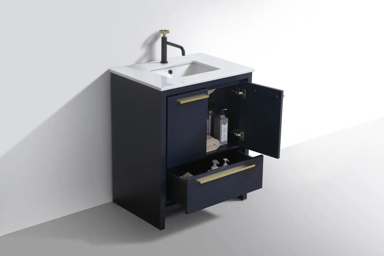 Kube Bath Dolce 30″ Blue Modern Bathroom Vanity With 2 Doors and 1 Drawer and White Quartz Countertop - Plumbing Market