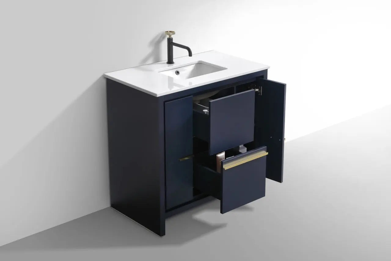 Kube Bath Dolce 36″ Blue Modern Bathroom Vanity With 2 Door and 2 Drawers and Quartz Countertop - Plumbing Market