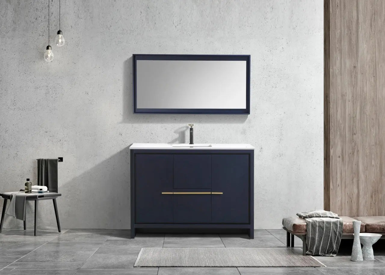 Kube Bath Dolce 48″ Blue Modern Floor Mount Single Sink Bathroom Vanity With 2 Doors and 2 Drawers and White Quartz Countertop - Plumbing Market