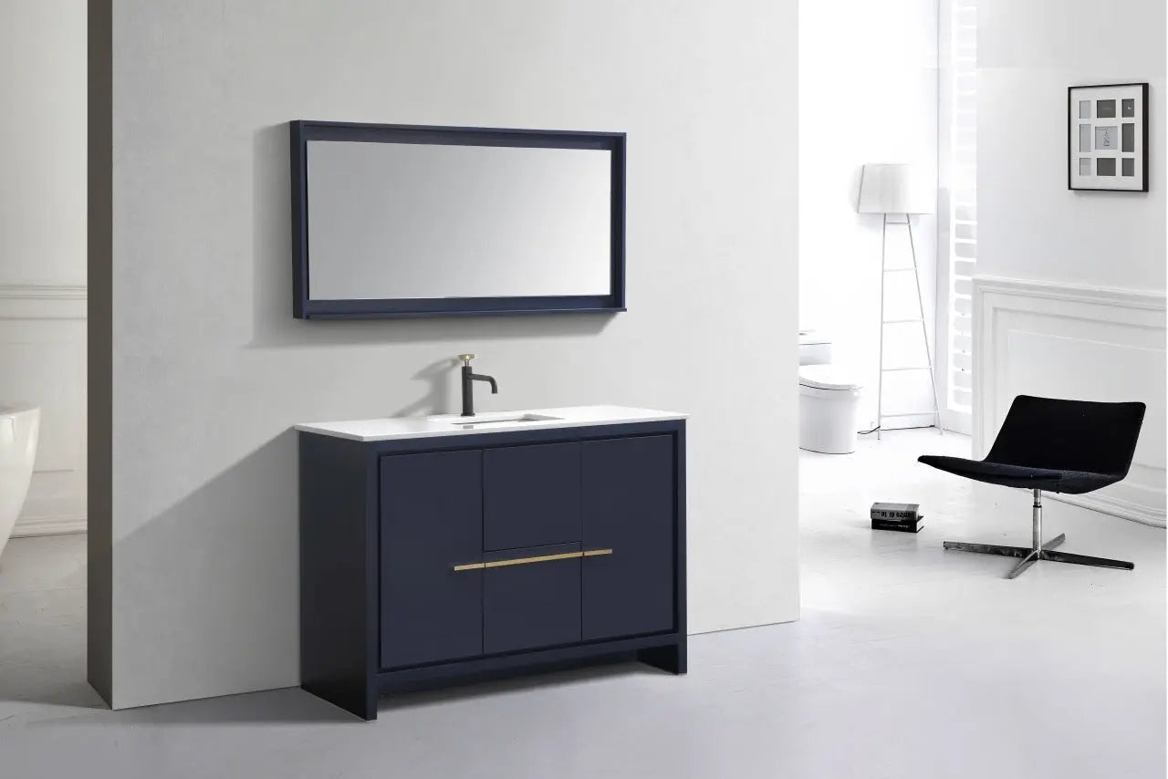 Kube Bath Dolce 48″ Blue Modern Floor Mount Single Sink Bathroom Vanity With 2 Doors and 2 Drawers and White Quartz Countertop - Plumbing Market