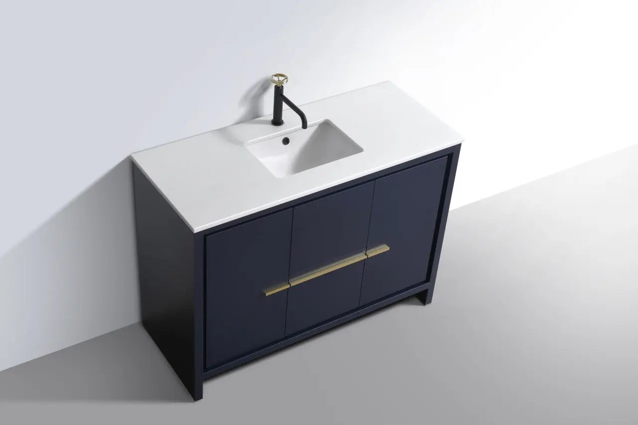 Kube Bath Dolce 48″ Blue Modern Floor Mount Single Sink Bathroom Vanity With 2 Doors and 2 Drawers and White Quartz Countertop - Plumbing Market