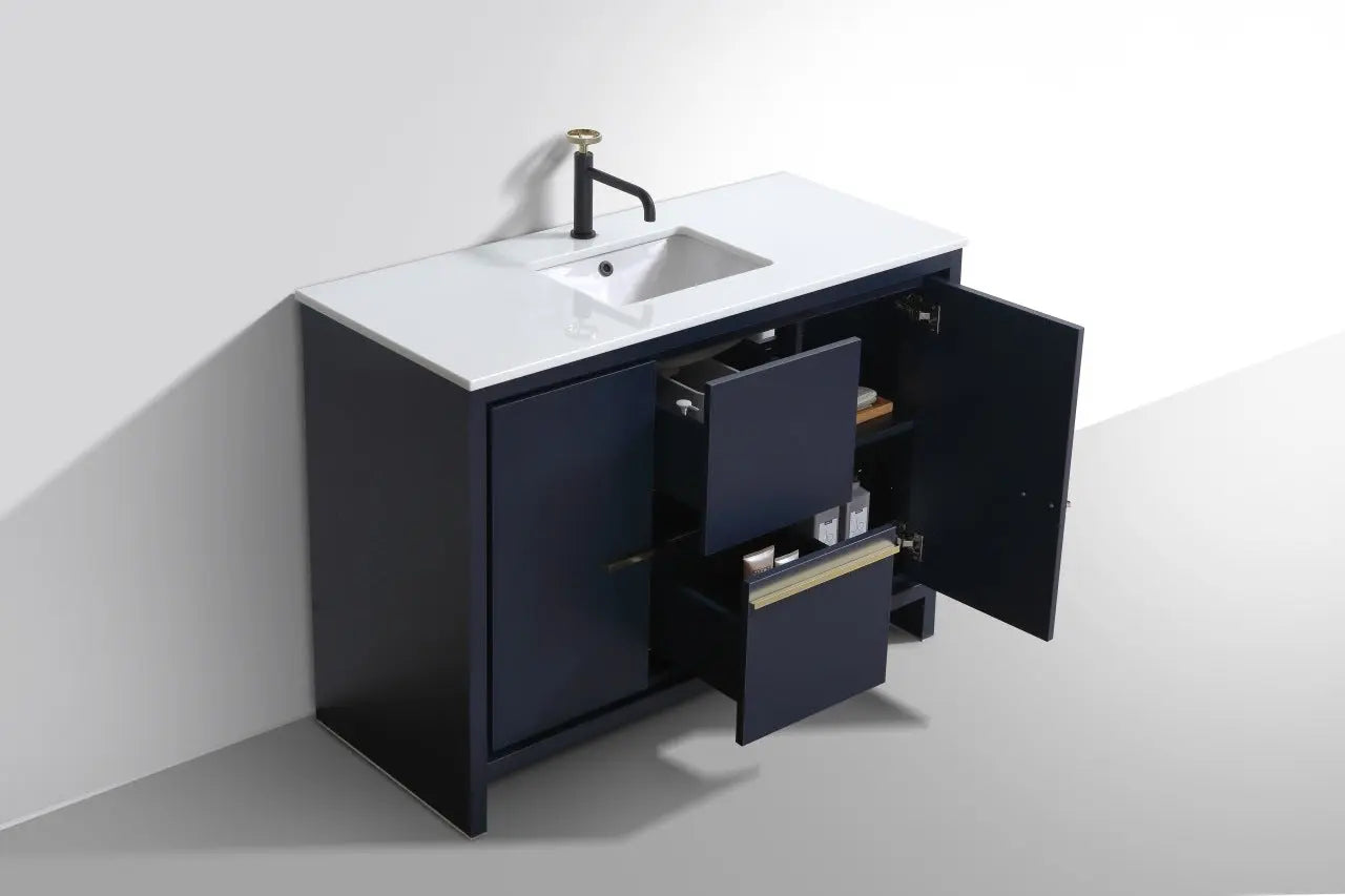 Kube Bath Dolce 48″ Blue Modern Floor Mount Single Sink Bathroom Vanity With 2 Doors and 2 Drawers and White Quartz Countertop - Plumbing Market