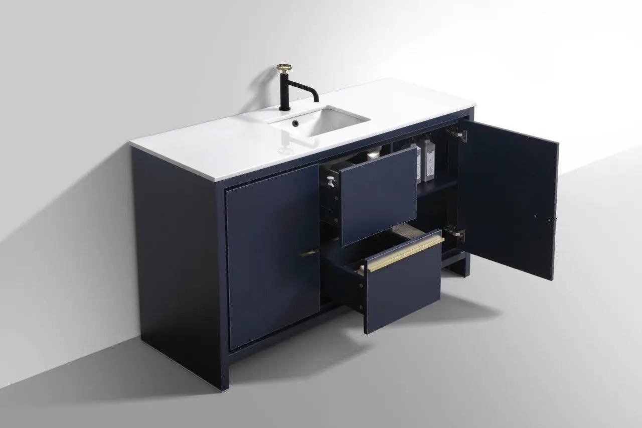 Kube Bath Dolce 60″ Blue Modern Single Sink Bathroom Vanity With 2 Doors and 2 Drawers White Quartz Countertop - Plumbing Market