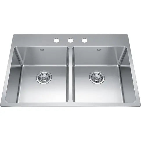 Kindred Brookmore 32.87" x 22" Drop in Double Bowl 3 Faucet Hole Stainless Steel Kitchen Sink BDL2233-9-3 Kindred
