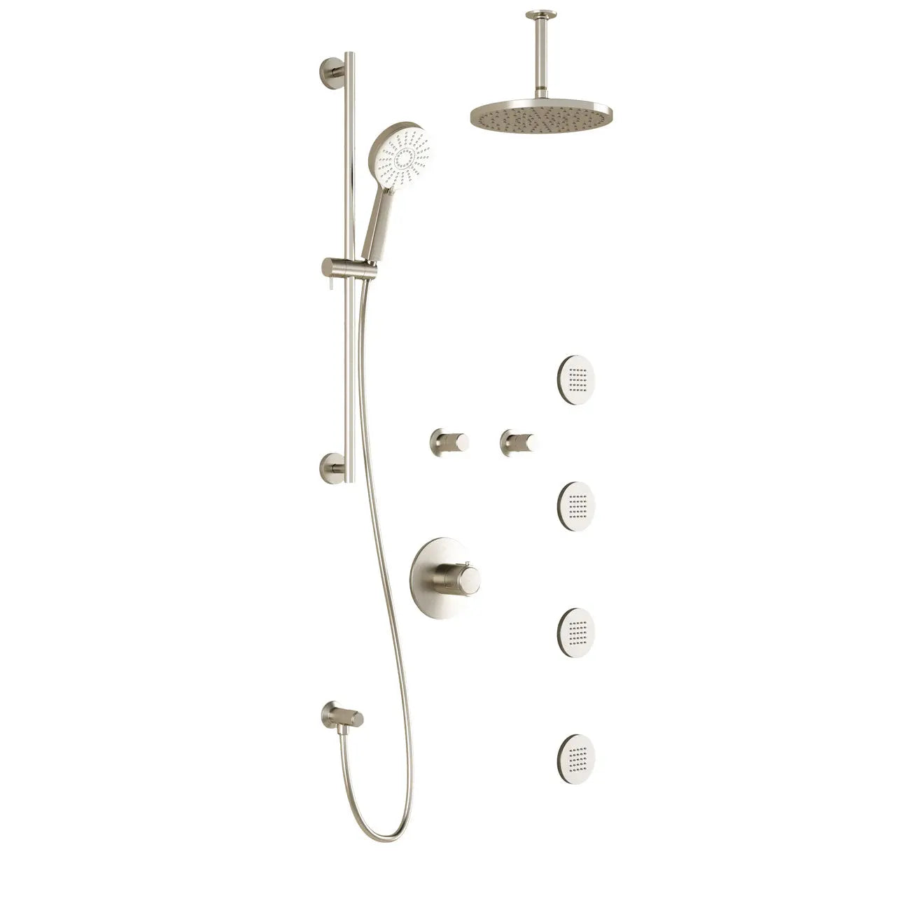 Kalia CITÉ T375 PLUS (Valves Not Included) Thermostatic Shower Kit System with Vertical Ceiling Arm and 8" Round Rain Shower Head- Brushed Nickel PVD Kalia