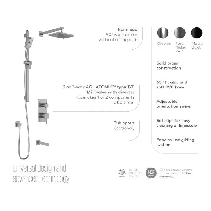 Kalia SquareOne TCD1 (Valve Not Included) AQUATONIK T/P Coaxial Shower System with 10-1/4" Shower Head and Wall Arm- Pure Nickel PVD Kalia